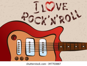 Inscription I love rock'n'roll on grunge background patterned guitar