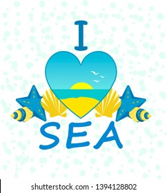 The inscription I love the sea in yellow and blue colors and a heart.
