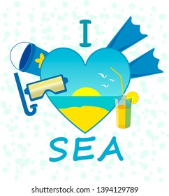 The inscription I love the sea in yellow and blue colors and a heart.
