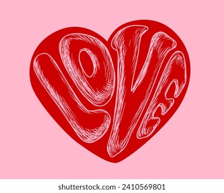 Inscription Love in the shape of a heart. Sketch style lettering for Valentines day. Engraving style text