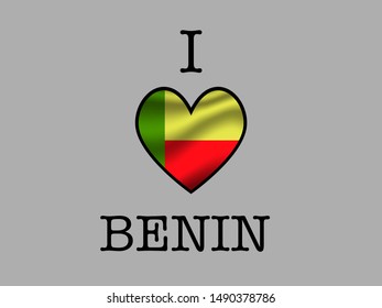 Inscription I LOVE with  simply and beauty heart inside National flag of National flag of Republic of Benin. original colors and proportion. Simply vector illustration eps10, from countries flag set.
