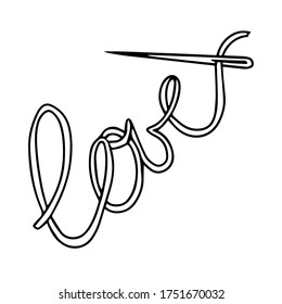the inscription "love" from the threads. Needle with thread vector illustration.