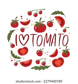 The inscription i love tomato. A collection of different types of tomato. Ingredients for cooking. Vegan print. Vector hand-drawn illustration. Frame with fruits.