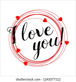 
Inscription I love you. Abstract circles. Vector illustration for a romantic design for nostalgia weddings. Can be used for cards, invitations, envelopes. Red heart on white.