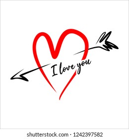 The inscription love you. Abstract heart. Vector illustration for a romantic design for nostalgia weddings. Can be used for cards, invitations, envelopes. Red heart on white.