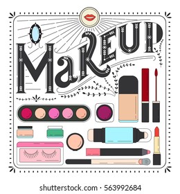 The inscription made by hand make-up in retro style.Beauty products icons.Icon set of skin care products. Decorative cosmetics.Face makeup. Lettering inscription.