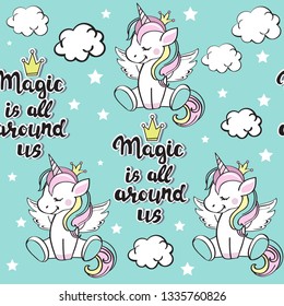 The inscription Magic is all around us with unicorn seamless pattern on a blue background