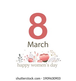 
The inscription "March 8" and beautiful pink flowers. Postcard for women's day. All objects are separated. Isolated on white background. Vector illustration.