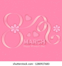 The inscription March 8 from ribbon on pink background with flowers, hearts and sparkles. International Women's Day greeting card, invitation, brochure, poster or banner. Vector illustration.