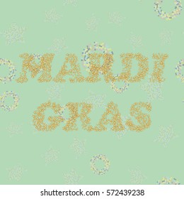 The inscription Mardi Gras of gold stars on a holiday seamless  background. For leaflets, invitations, cards, greetings, parties. Vector illustration.