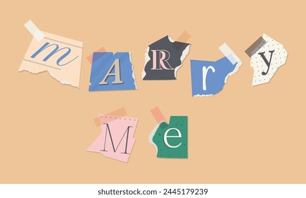 The inscription Marry me from the letters of scraps of paper. Retro scrapbooking, collage word. Vector isolated illustration.