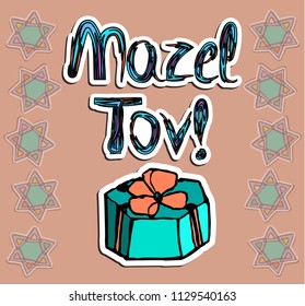 The inscription of Mazel Tov in paper style. Gift box with bow Sticker. Doodle. Hand draw. Vector illustration.