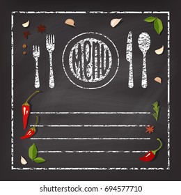 Inscription Menu on chalk board . Vector background with spice .