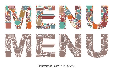 Inscription "menu" from symbols of ware and kitchen utensils