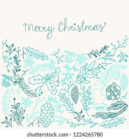 Inscription Merry Christmas blue colored hand drawn sketch composition with different cartoons and objects celebrating traditional winter holidays vector illustration