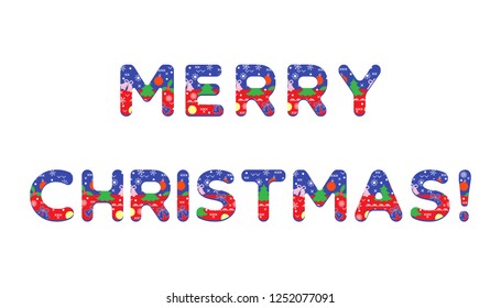 Inscription Merry Christmas decorated with Christmas symbols. Festive background.