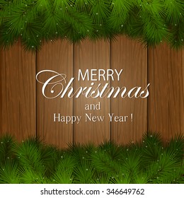 Inscription Merry Christmas with decorative spruce branches on a wooden background, illustration.