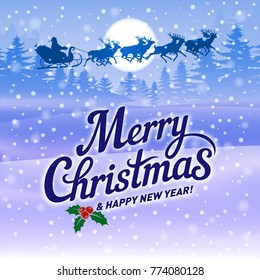 The Inscription Merry Christmas, Falling Snow and Santa with Reindeers on Blue