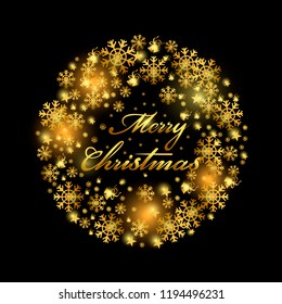 The inscription "Merry Christmas", gold glitter, gold stars, snowflakes, glare.  Holidays card template vector design. Golden celebration glow.