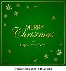 Inscription Merry Christmas with golden snowflakes on green background, holiday decorations, illustration.