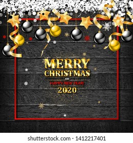 The inscription of Merry Christmas and Happy New Year 2020, green spruce and chopping branches on a wooden brown table. Christmas card, holiday background. Mixed media. Vector illustration