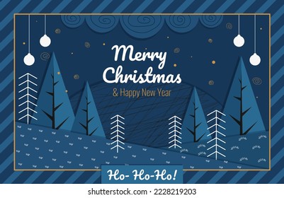 inscription Merry Christmas and happy new year christmas banner in paper style winter landscape with fir trees