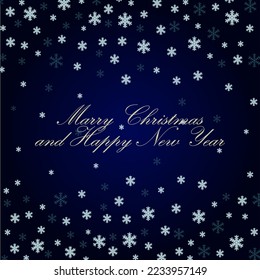 The inscription "Merry Christmas and Happy New Year" on a dark blue background, snowflakes. Design of postcards, advertising