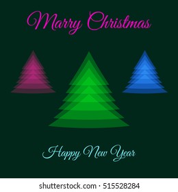 inscription: Merry Christmas and Happy New Year. three abstract Christmas trees. colored bells. green background.