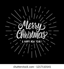 Inscription Merry Christmas Lettering Card With Vintage White Rays Hand Drawing. Vector Illustration Isolated On Black Background. Chalk Board Concept