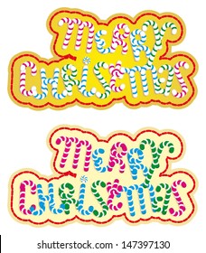 The inscription Merry Christmas made of candy, giftcard template 