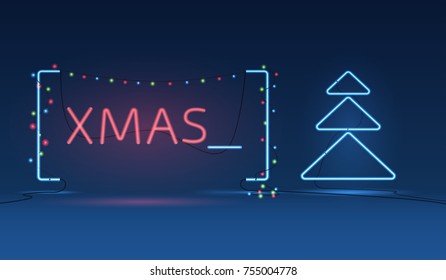 The inscription merry Christmas neon style. Christmas tree in the style of neon lights. Garland text from the neon