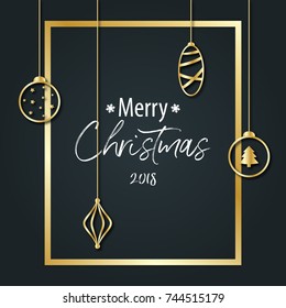 The inscription of Merry Christmas on a black background in a gold frame and with golden balls.  Vector illustration.