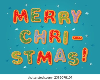 The inscription "Merry Christmas" on a blue background. New Year's gingerbread cookies in the form of letters. Homemade Christmas cookies with colorful sweet sugar icing. Christmas card, banner