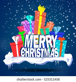 The inscription Merry Christmas. Christmas presents. Snow falls.
