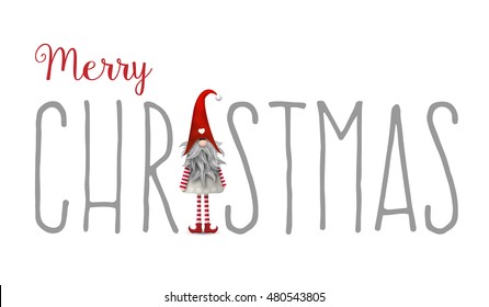 Inscription Merry Christmas, with scandinavian christmas traditional gnome named Tomte used as letter I, isolated on white background, vector illustration, eps 10 with transparency and gradient meshes