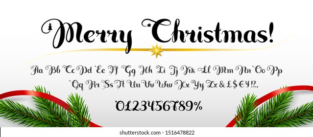 Inscription Merry Christmas! Set Of Handwritten Uppercase And Lowercase Latin Alphabet Letters, Numbers. White Background With Spruce Branches, Ribbon As Decoration. Cursive Font.