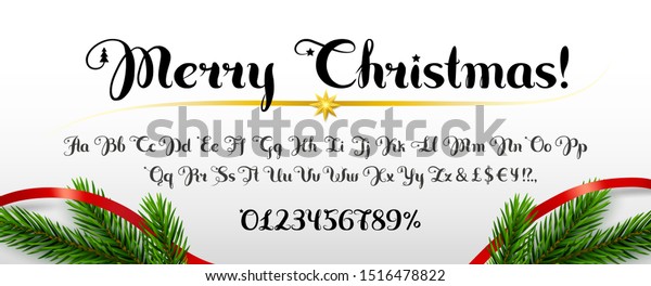 碑文メリークリスマス 手書きの大文字と小文字のアルファベット 数字のセット 白い背景にトウヒの枝 装飾としてのリボン 草書体 のベクター画像素材 ロイヤリティフリー