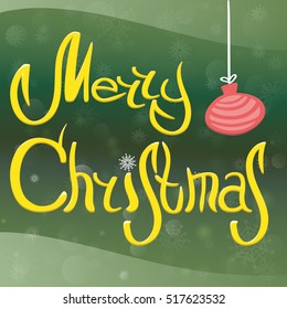 The inscription Merry Christmas, with snowflakes, snow and Christmas tree New Year's ball