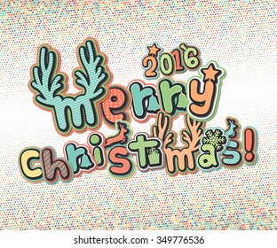 Inscription Merry Christmas, text  in the style of comics on the background of colorful circles. Multilayer funny colorful letters, pop art style. Vector illustration