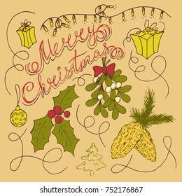 an inscription of a Merry Christmas, with traditional holiday symbols in styles of hands-free