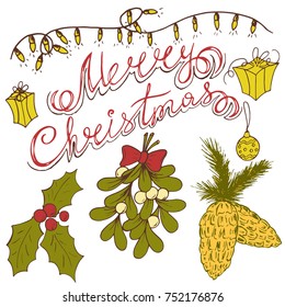 an inscription of a Merry Christmas, with traditional holiday symbols in styles of hands-free