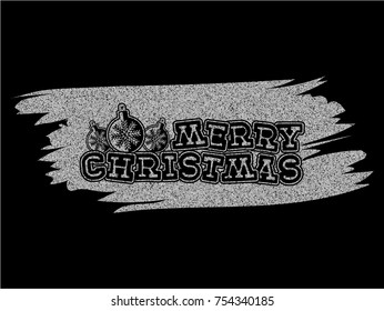 Inscription merry christmas with xmas toy with snowflake on silver glitter texture paint stain on black background. Design for greeting card, poster, banner and flyers.
