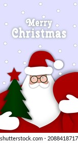 The inscription "Merry Christmas".Santa Claus in glasses, white mittens carries a Christmas tree, a red bag with gifts.White mustache, pine with a star. New Year's background for a greeting card.