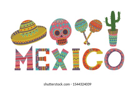 Inscription Mexico and its symbols. Vector illustration.