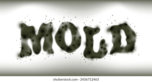 Inscription Mold. Fungus, apartment wall, house, poisonous spores. Toxic health effects. Lettering on a light background. Realistic style. Vector