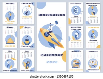 Inscription Motivation Calendar 2020 Cartoon. Motivational Calendar for Every Day. Airframe template for Year. Monthly Organizer with Motivational Inscriptions and Illustrations. Vector Illustration.