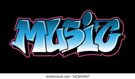 Inscription Music Graffiti decorative lettering vandal street art free wild style on the wall city urban illegal action by using aerosol spray paint. Underground hip hop type vector illustration