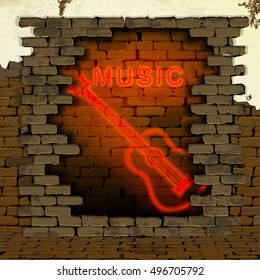 The inscription music with guitar neon light tubes in the doorway of an old brick wall. It can be used as background with any image or text.