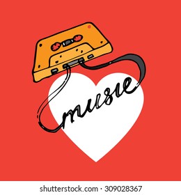 The inscription "music" is made from a magnetic tape. Vector illustration with audio cassette and heart shape.