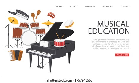 inscription musical education, banner ad, reference Information website, portal for musicians, cartoon style vector illustration. ollection musical instruments, acoustic sound isolated on white.